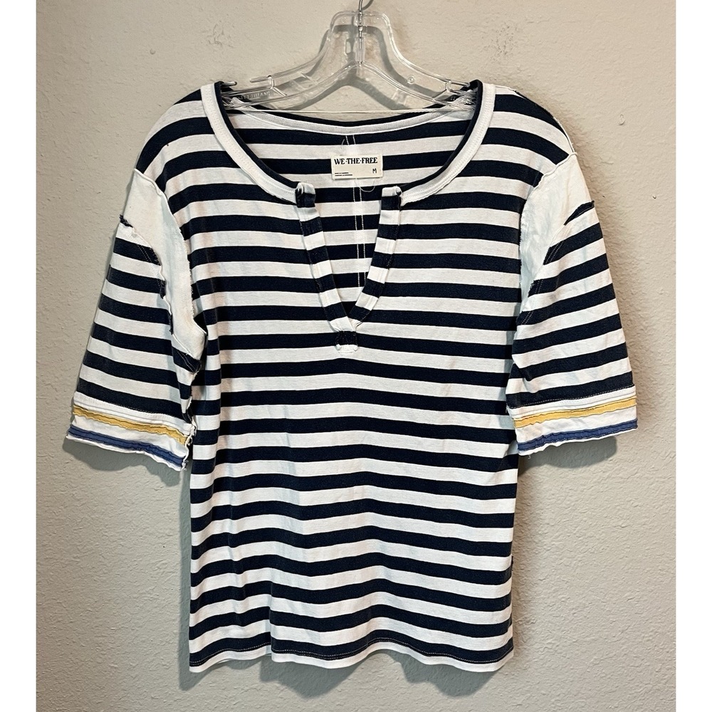 We The Free T-Shirt Medium Striped 1/2 Sleeve Split Neck Boho Classic Tee